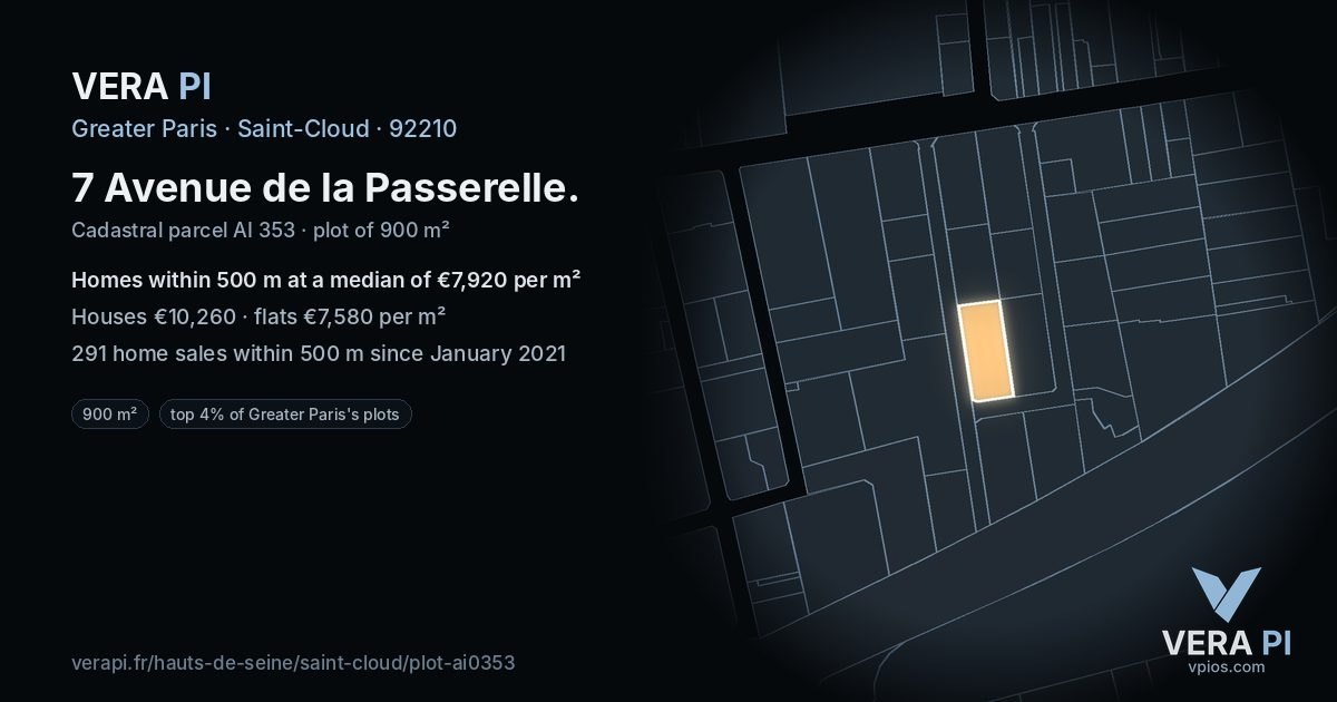 7 Avenue de la Passerelle, Saint-Cloud at night – the plot lit, the parcels around coloured by the prices near them