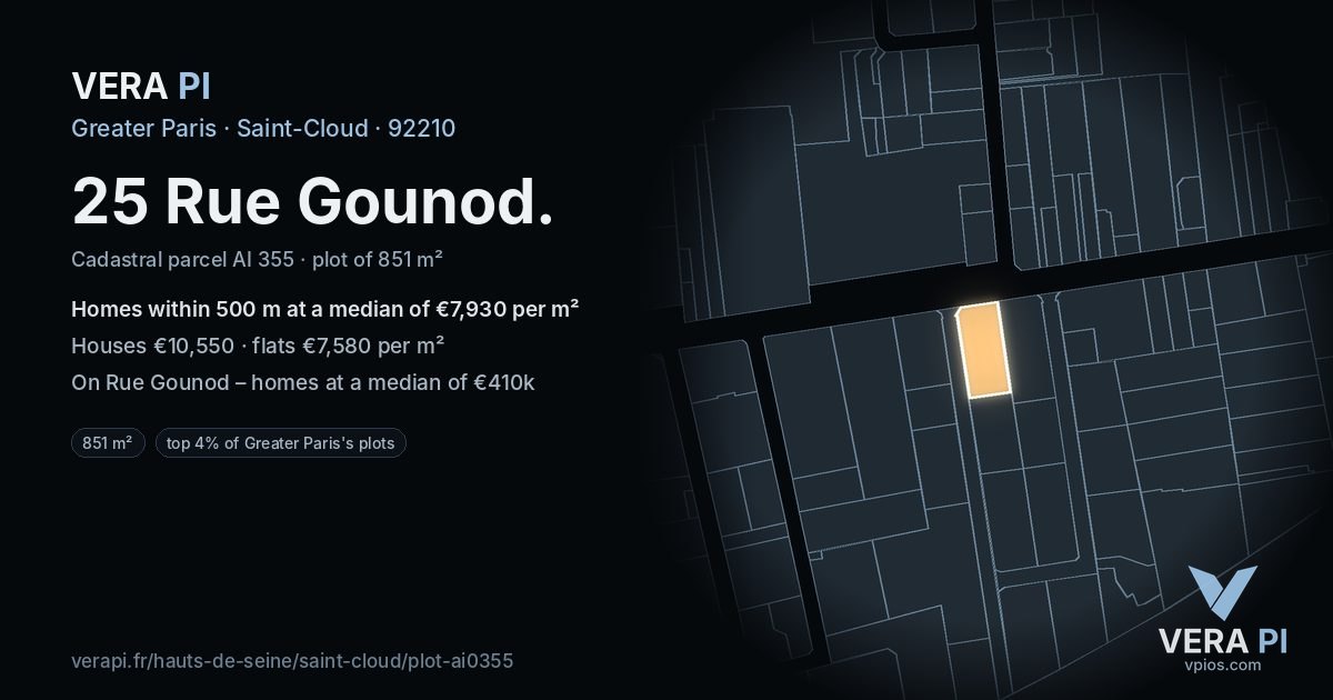 25 Rue Gounod, Saint-Cloud at night – the plot lit, the parcels around coloured by the prices near them