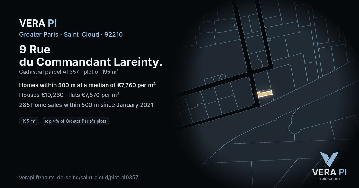 9 Rue du Commandant Lareinty, Saint-Cloud at night – the plot lit, the parcels around coloured by the prices near them
