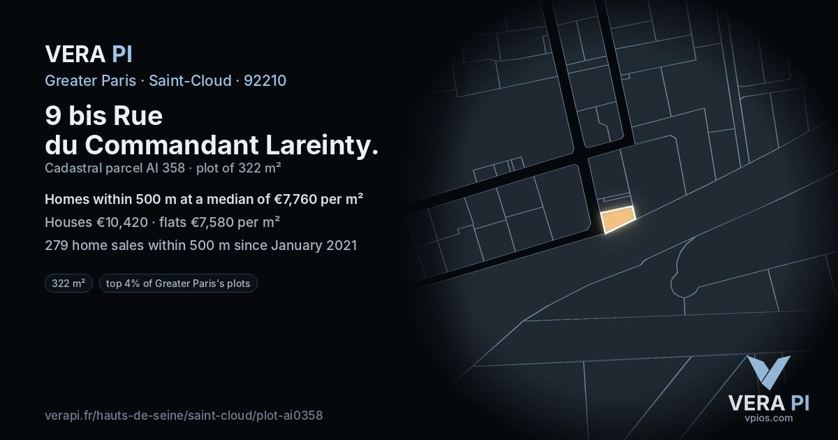 9 bis Rue du Commandant Lareinty, Saint-Cloud at night – the plot lit, the parcels around coloured by the prices near them