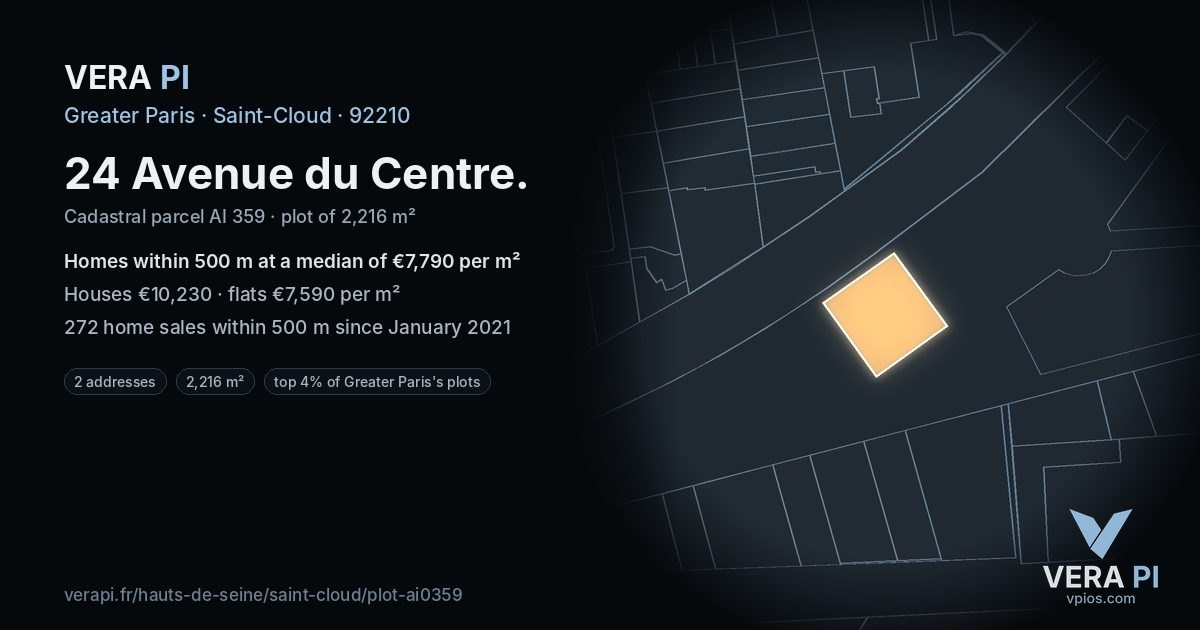 24 Avenue du Centre, Saint-Cloud at night – the plot lit, the parcels around coloured by the prices near them