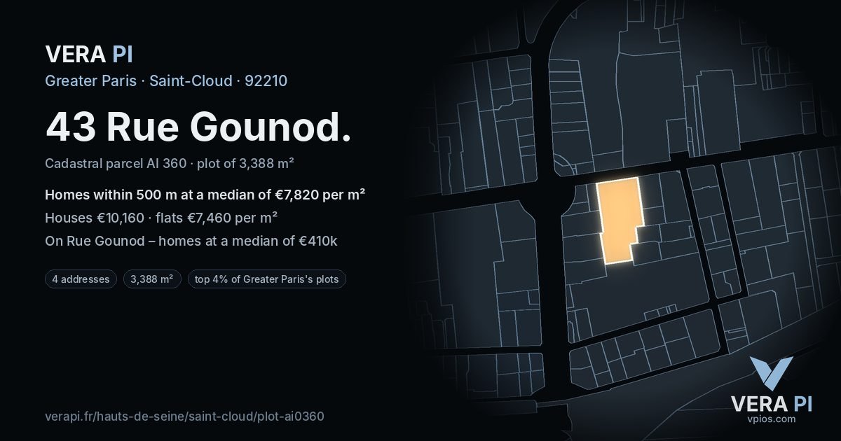 43 Rue Gounod, Saint-Cloud at night – the plot lit, the parcels around coloured by the prices near them