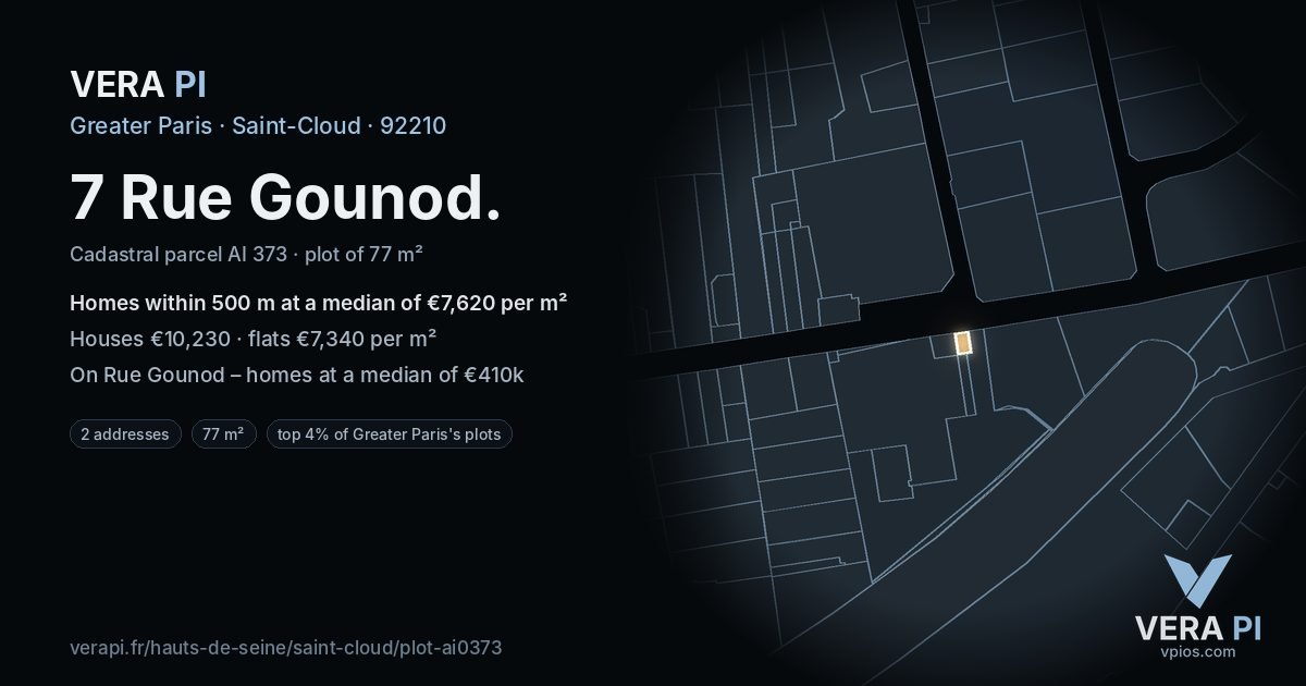 7 Rue Gounod, Saint-Cloud at night – the plot lit, the parcels around coloured by the prices near them