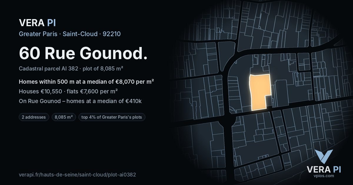 60 Rue Gounod, Saint-Cloud at night – the plot lit, the parcels around coloured by the prices near them