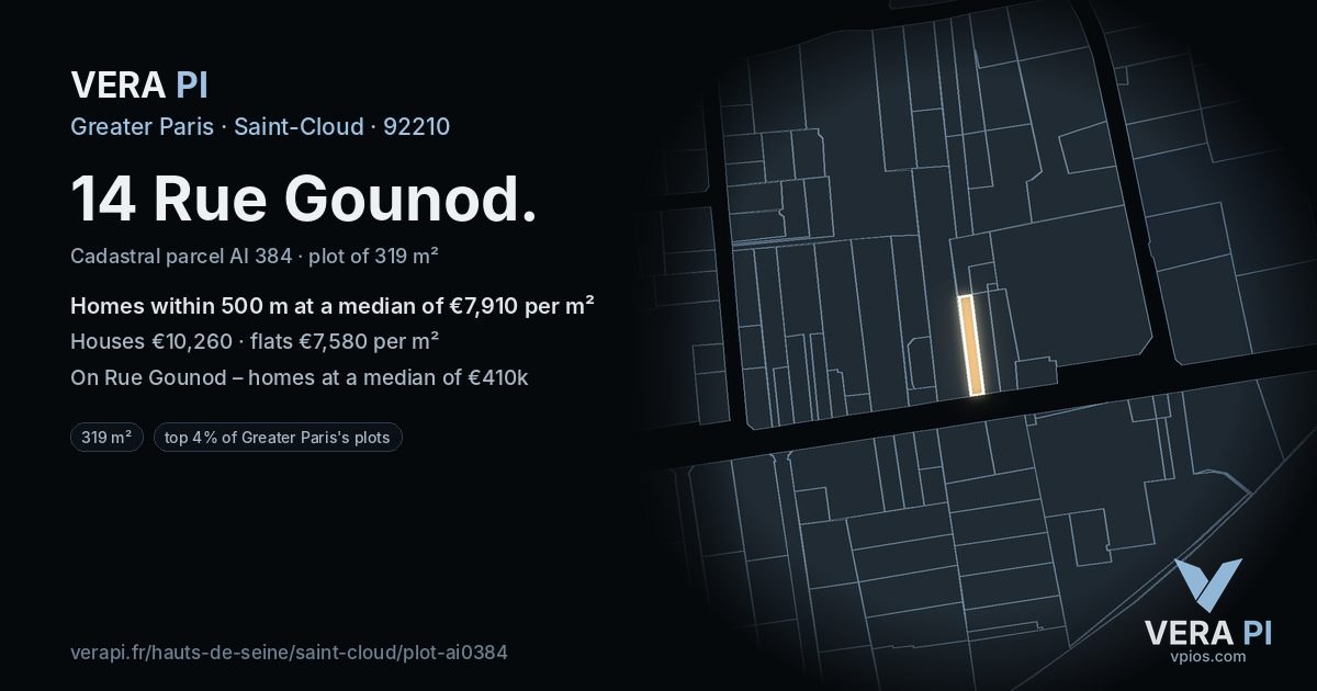 14 Rue Gounod, Saint-Cloud at night – the plot lit, the parcels around coloured by the prices near them