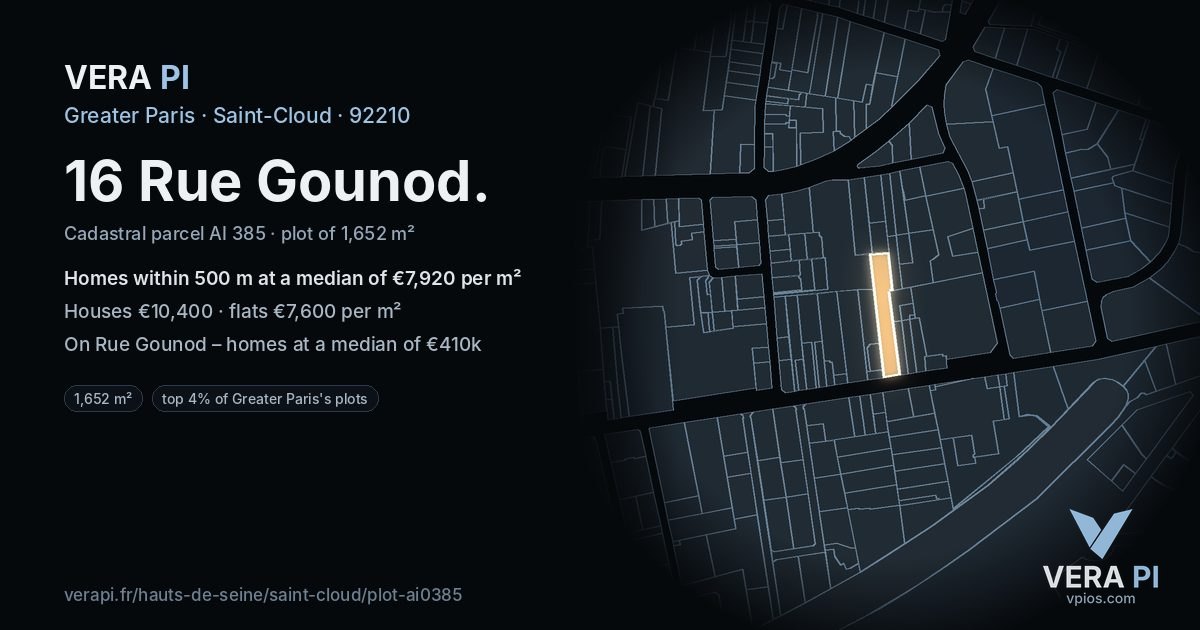 16 Rue Gounod, Saint-Cloud at night – the plot lit, the parcels around coloured by the prices near them