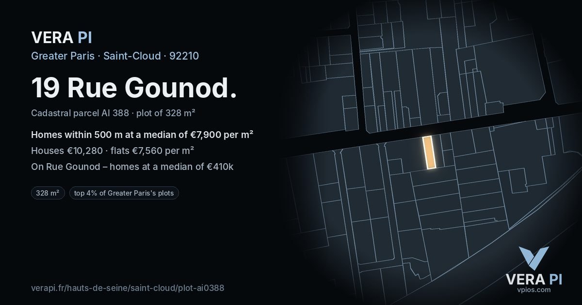 19 Rue Gounod, Saint-Cloud at night – the plot lit, the parcels around coloured by the prices near them
