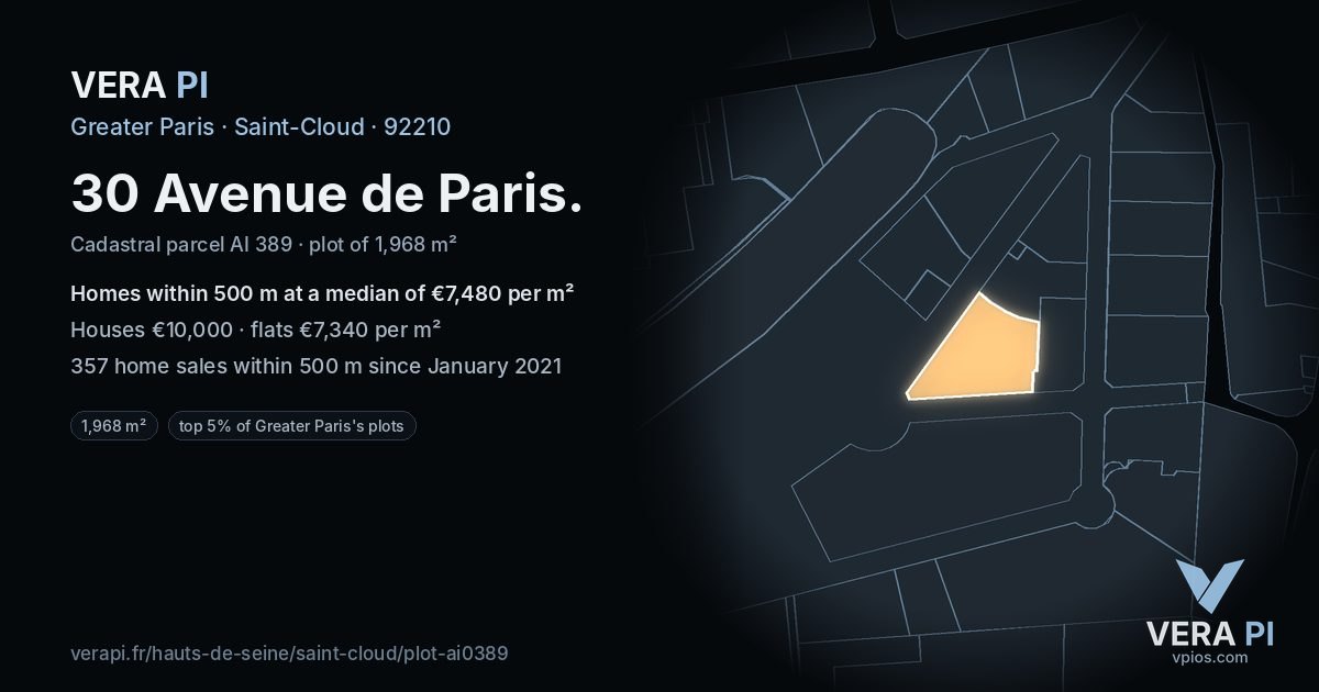 30 Avenue de Paris, Saint-Cloud at night – the plot lit, the parcels around coloured by the prices near them