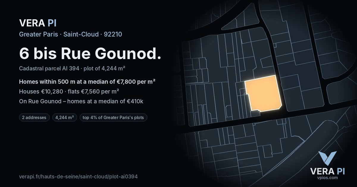 6 bis Rue Gounod, Saint-Cloud at night – the plot lit, the parcels around coloured by the prices near them
