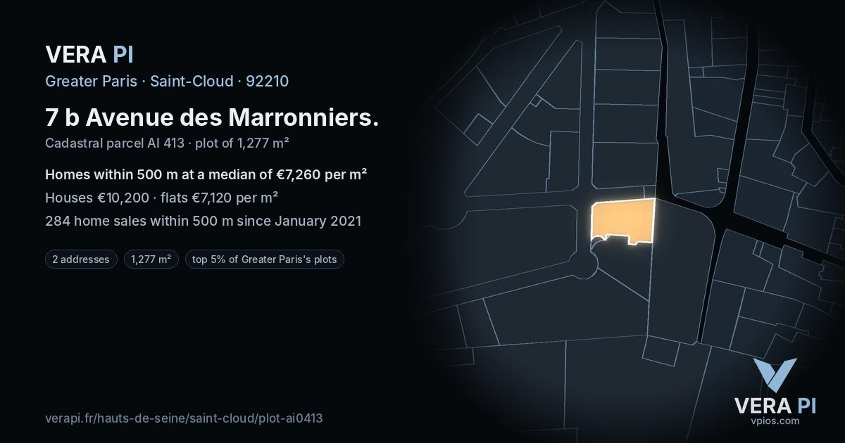 7 b Avenue des Marronniers, Saint-Cloud at night – the plot lit, the parcels around coloured by the prices near them