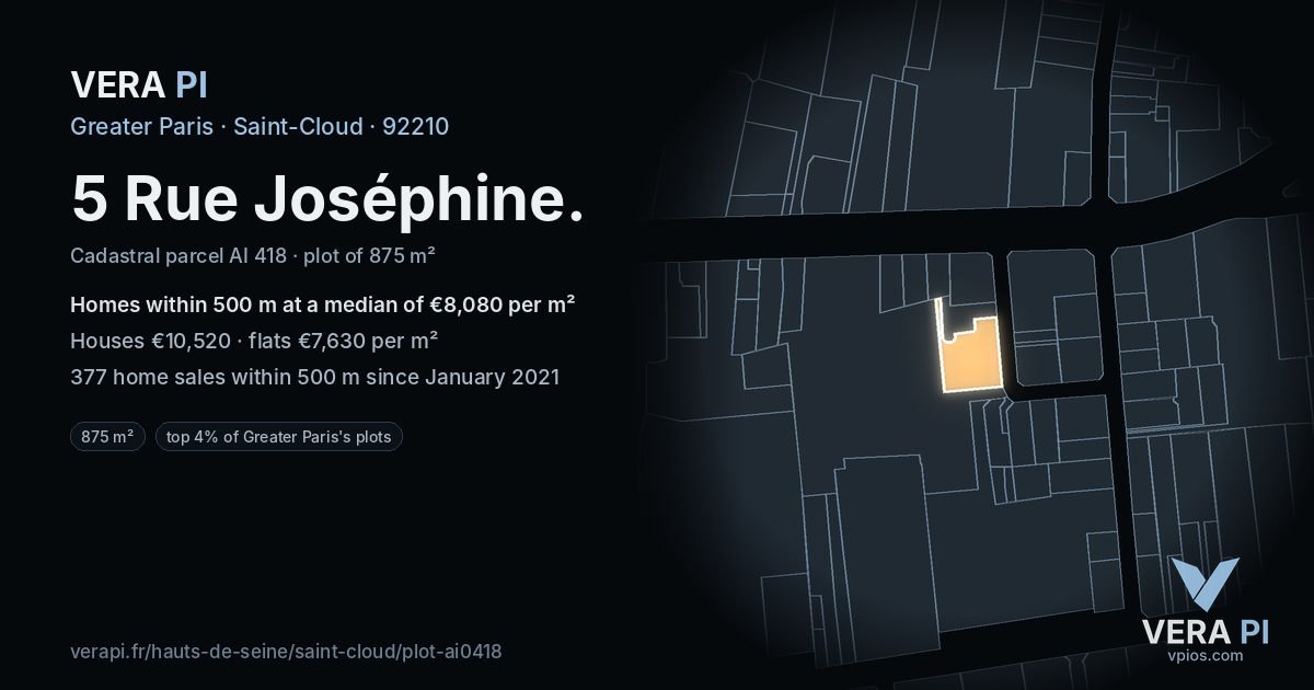 5 Rue Joséphine, Saint-Cloud at night – the plot lit, the parcels around coloured by the prices near them