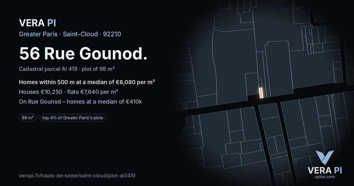 56 Rue Gounod, Saint-Cloud at night – the plot lit, the parcels around coloured by the prices near them