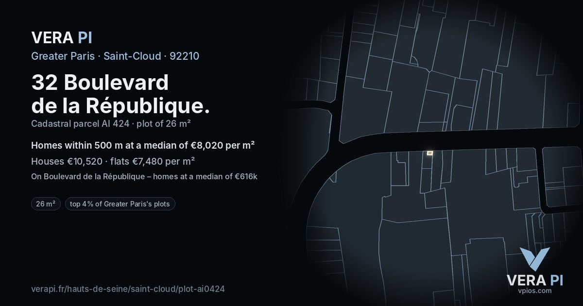 32 Boulevard de la République, Saint-Cloud at night – the plot lit, the parcels around coloured by the prices near them