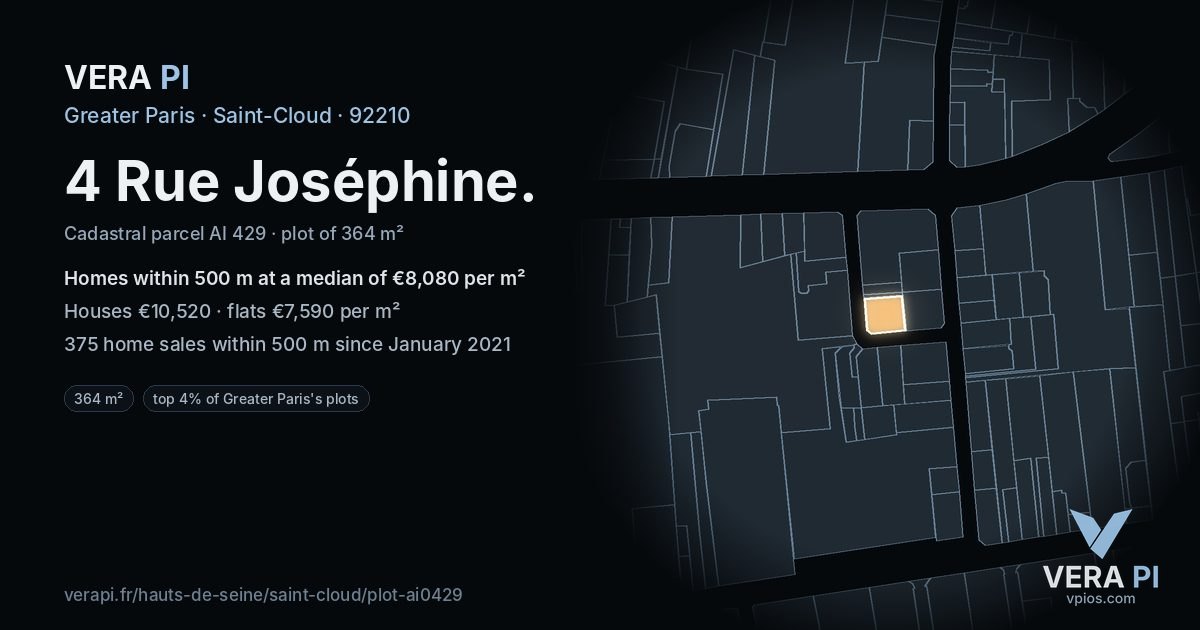4 Rue Joséphine, Saint-Cloud at night – the plot lit, the parcels around coloured by the prices near them