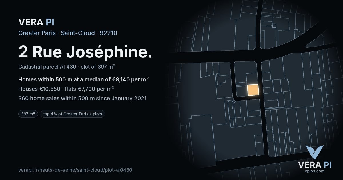 2 Rue Joséphine, Saint-Cloud at night – the plot lit, the parcels around coloured by the prices near them