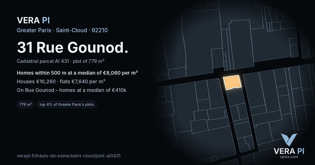 31 Rue Gounod, Saint-Cloud at night – the plot lit, the parcels around coloured by the prices near them
