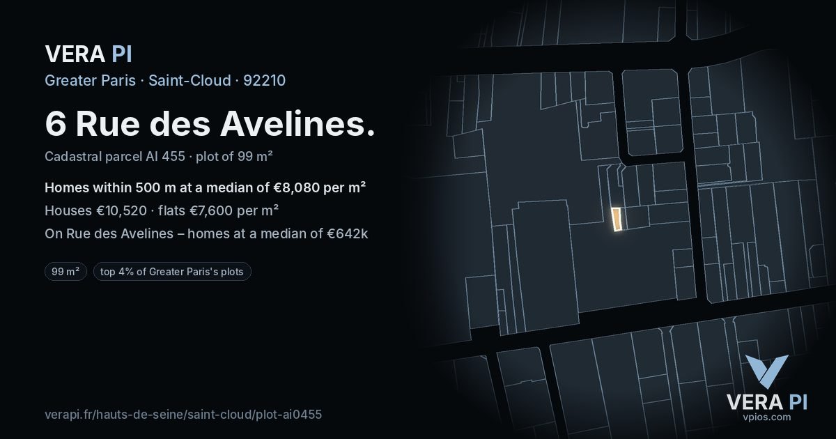 6 Rue des Avelines, Saint-Cloud at night – the plot lit, the parcels around coloured by the prices near them