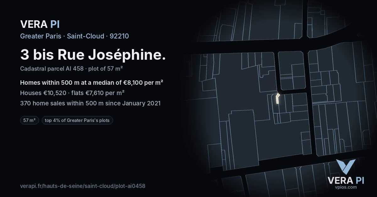 3 bis Rue Joséphine, Saint-Cloud at night – the plot lit, the parcels around coloured by the prices near them