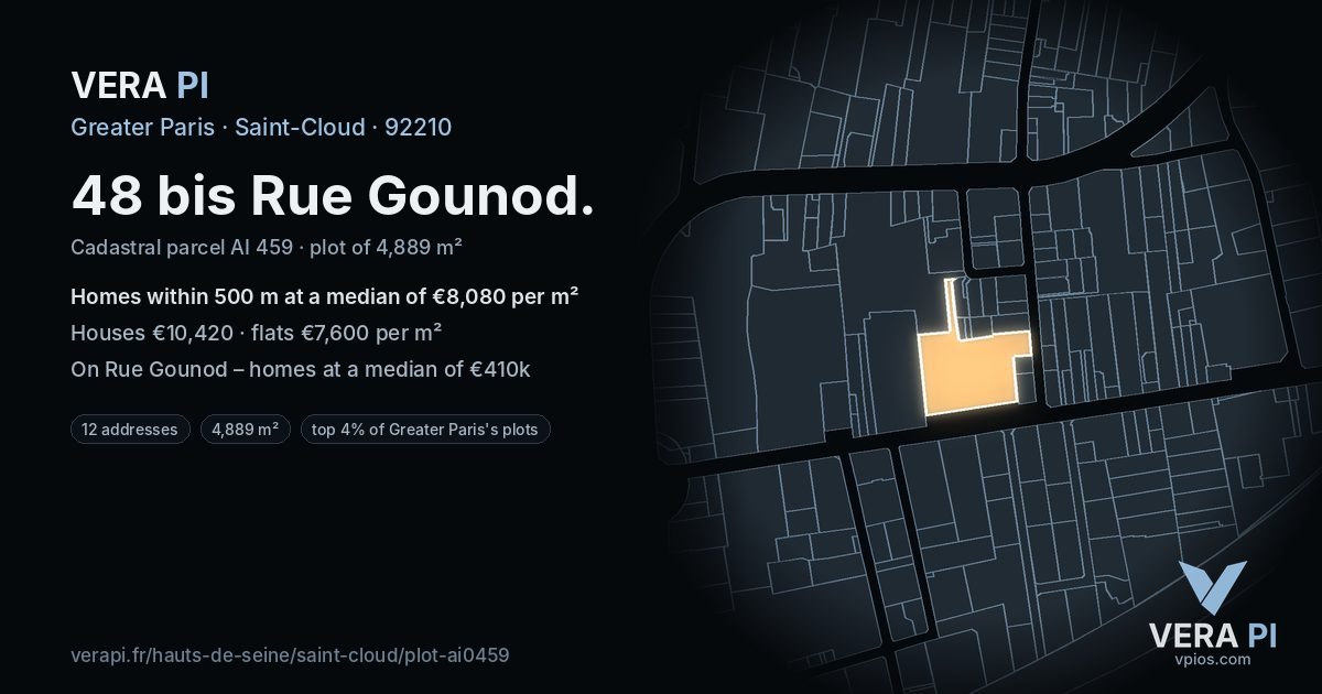 48 bis Rue Gounod, Saint-Cloud at night – the plot lit, the parcels around coloured by the prices near them