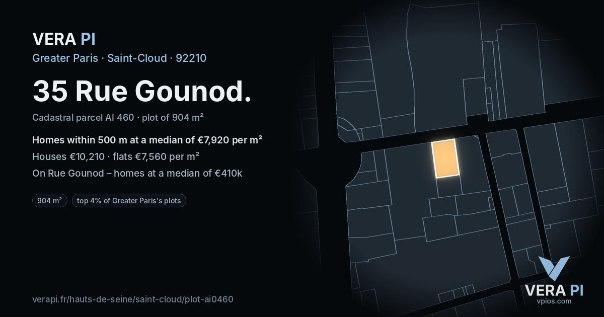 35 Rue Gounod, Saint-Cloud at night – the plot lit, the parcels around coloured by the prices near them