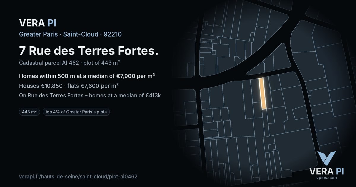 7 Rue des Terres Fortes, Saint-Cloud at night – the plot lit, the parcels around coloured by the prices near them