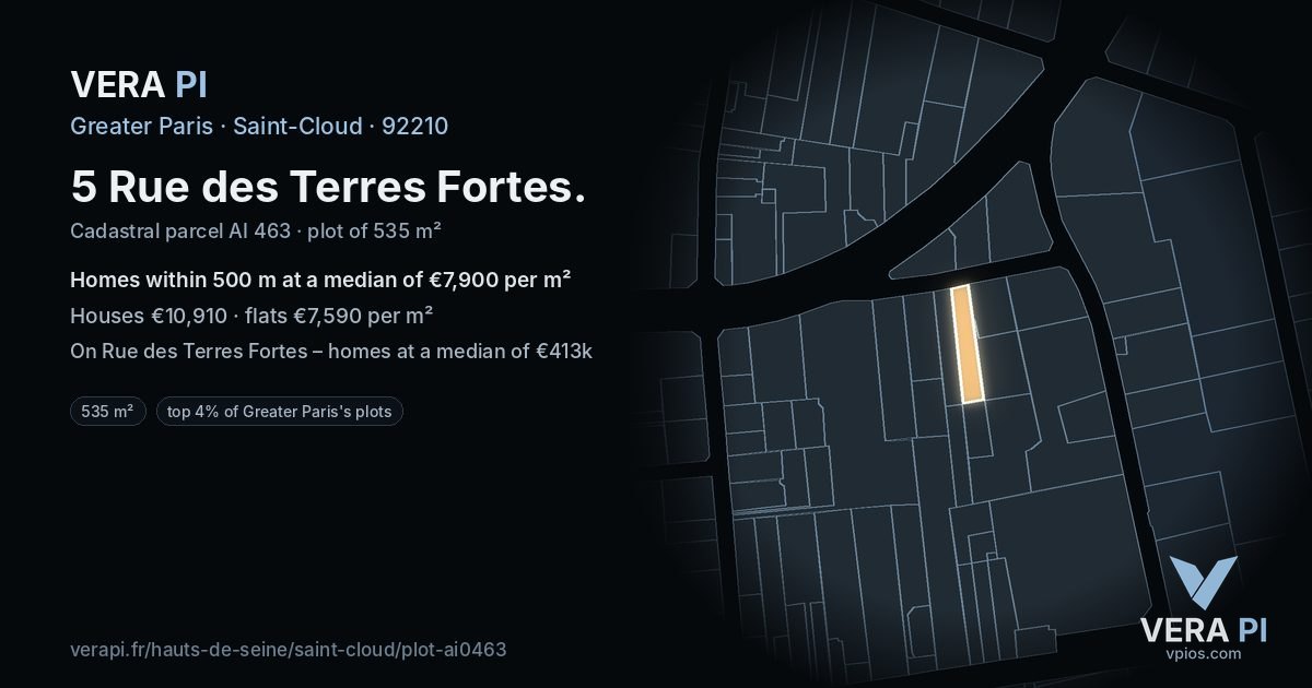 5 Rue des Terres Fortes, Saint-Cloud at night – the plot lit, the parcels around coloured by the prices near them