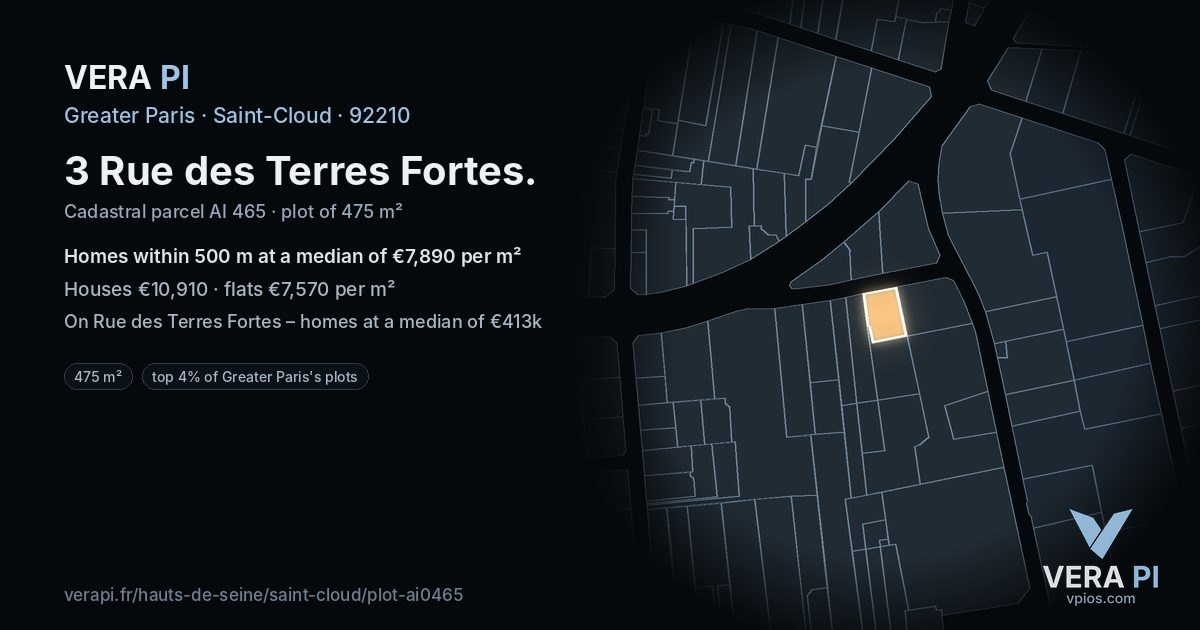 3 Rue des Terres Fortes, Saint-Cloud at night – the plot lit, the parcels around coloured by the prices near them