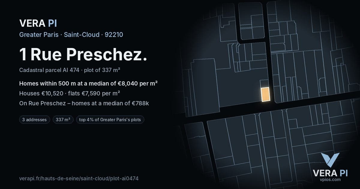 1 Rue Preschez, Saint-Cloud at night – the plot lit, the parcels around coloured by the prices near them