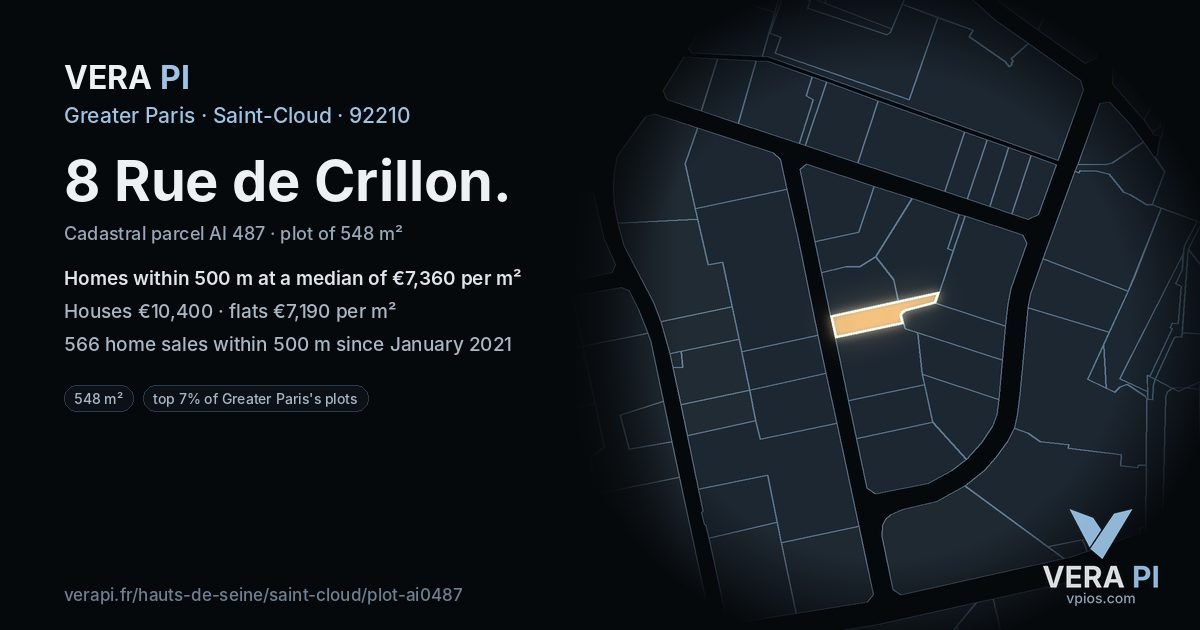 8 Rue de Crillon, Saint-Cloud at night – the plot lit, the parcels around coloured by the prices near them