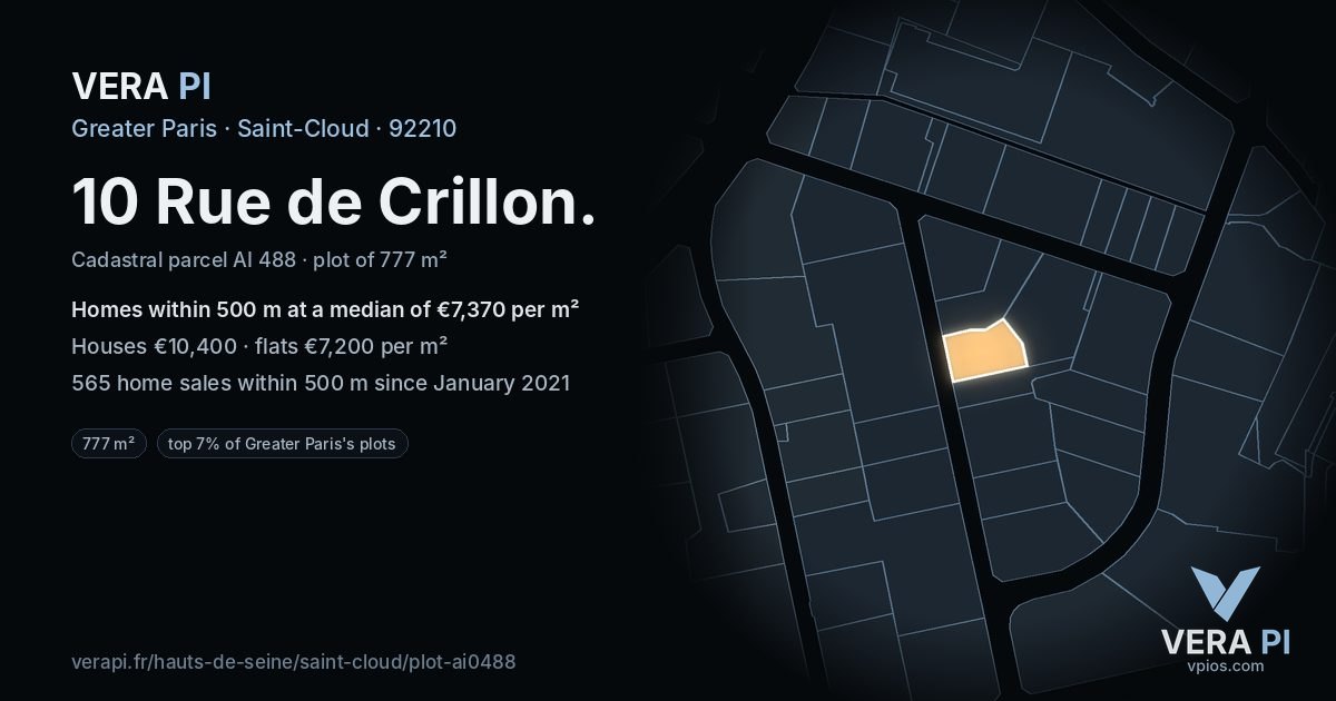 10 Rue de Crillon, Saint-Cloud at night – the plot lit, the parcels around coloured by the prices near them