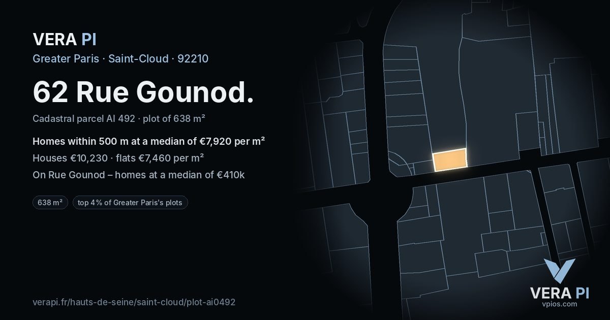 62 Rue Gounod, Saint-Cloud at night – the plot lit, the parcels around coloured by the prices near them