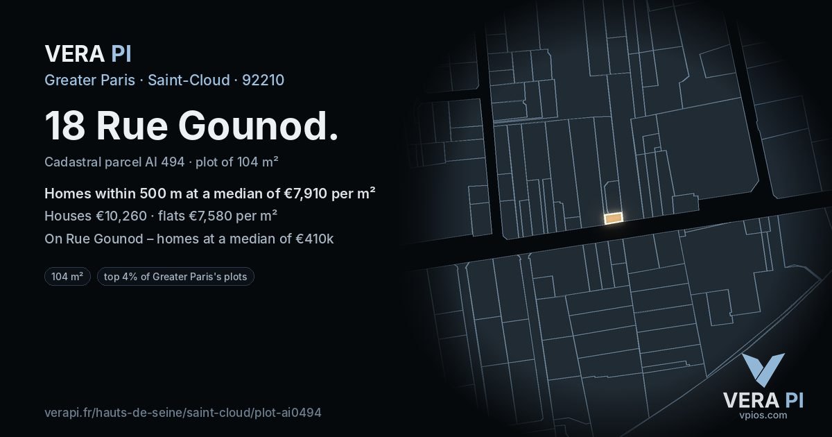18 Rue Gounod, Saint-Cloud at night – the plot lit, the parcels around coloured by the prices near them