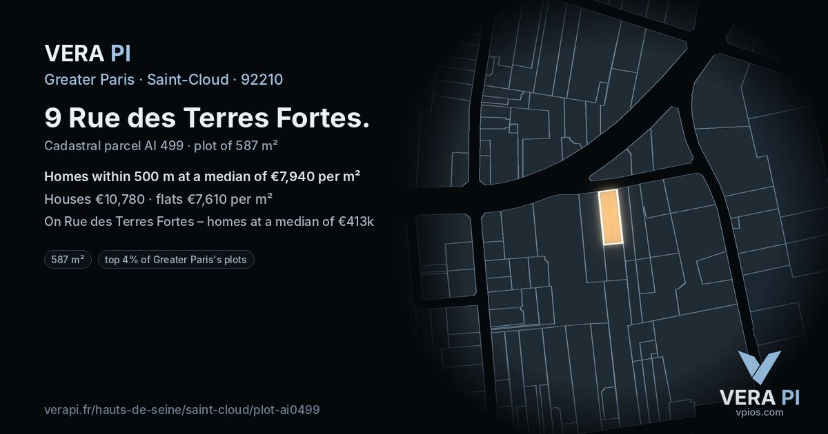 9 Rue des Terres Fortes, Saint-Cloud at night – the plot lit, the parcels around coloured by the prices near them