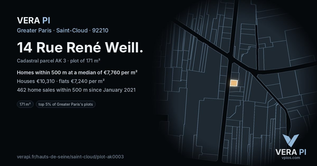 14 Rue René Weill, Saint-Cloud at night – the plot lit, the parcels around coloured by the prices near them