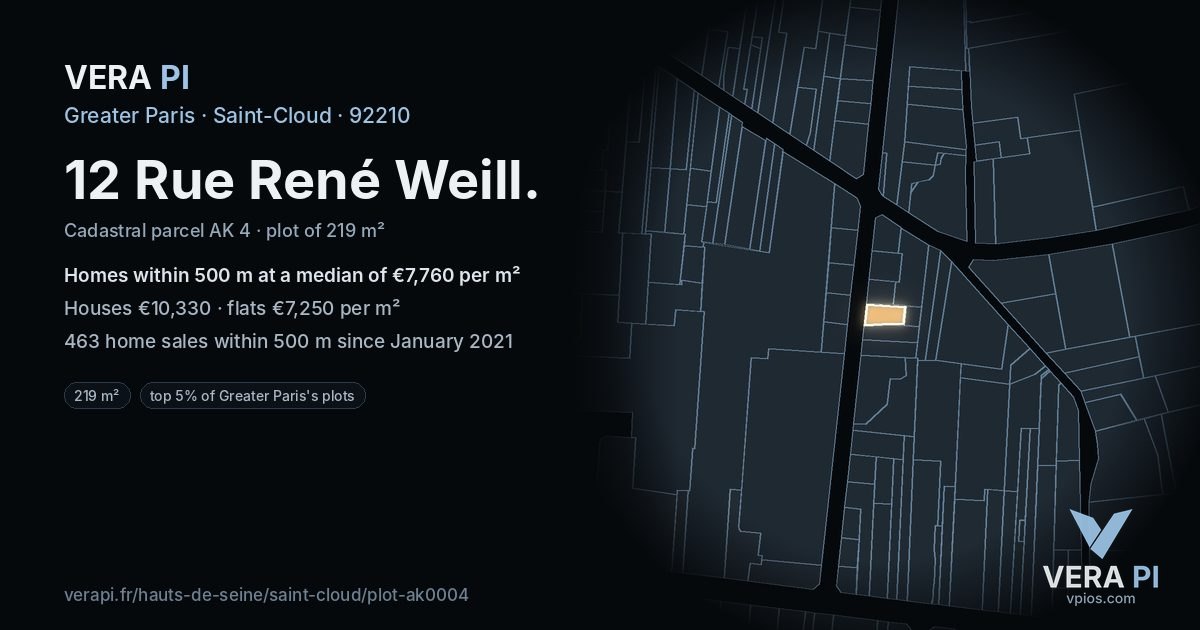 12 Rue René Weill, Saint-Cloud at night – the plot lit, the parcels around coloured by the prices near them