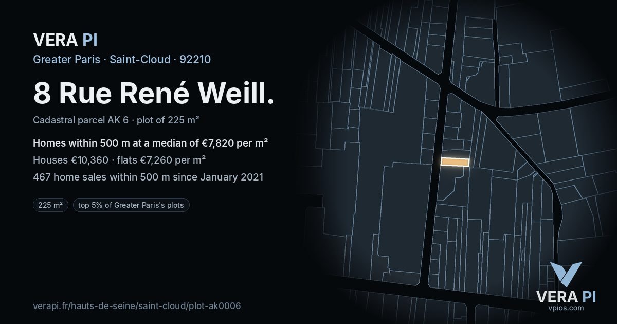 8 Rue René Weill, Saint-Cloud at night – the plot lit, the parcels around coloured by the prices near them