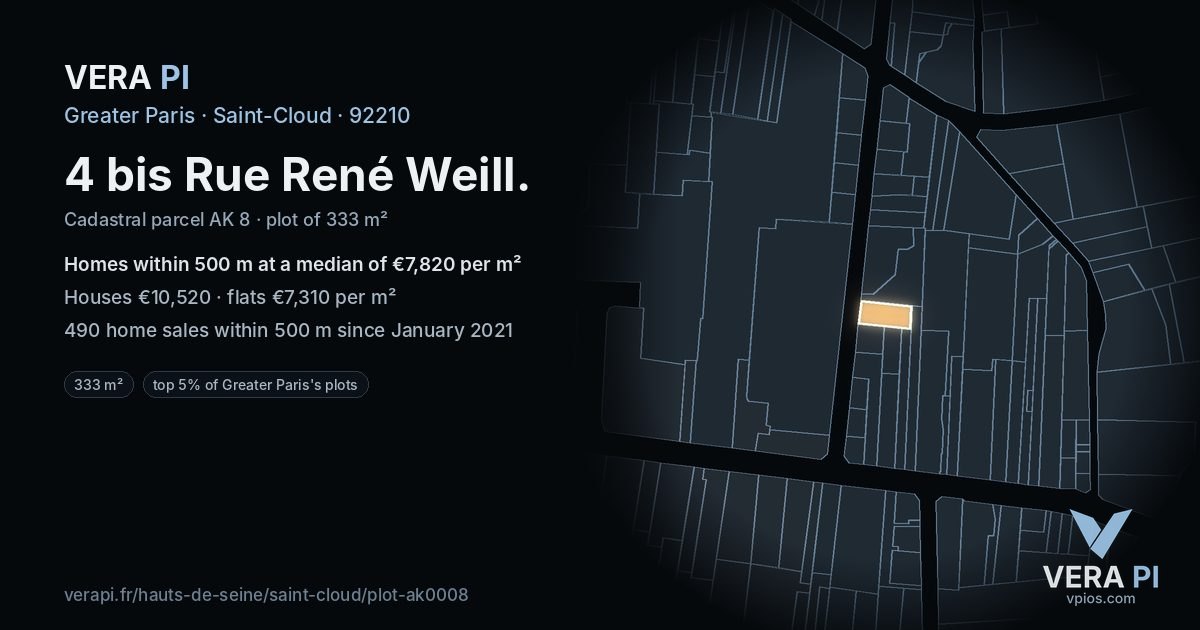 4 bis Rue René Weill, Saint-Cloud at night – the plot lit, the parcels around coloured by the prices near them