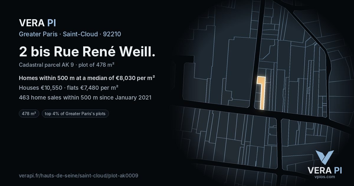 2 bis Rue René Weill, Saint-Cloud at night – the plot lit, the parcels around coloured by the prices near them