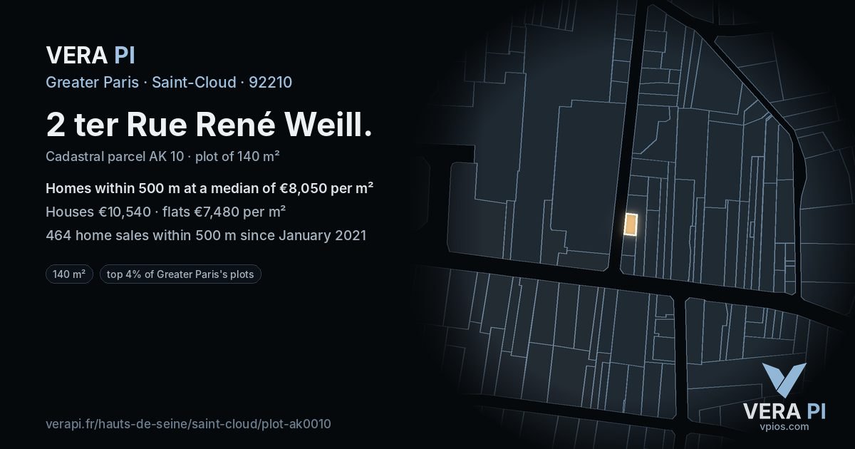 2 ter Rue René Weill, Saint-Cloud at night – the plot lit, the parcels around coloured by the prices near them