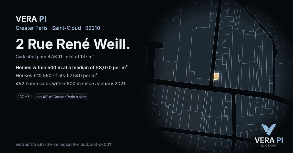 2 Rue René Weill, Saint-Cloud at night – the plot lit, the parcels around coloured by the prices near them
