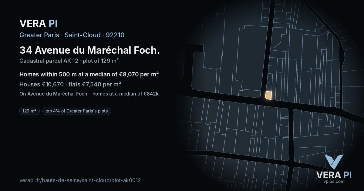 34 Avenue du Maréchal Foch, Saint-Cloud at night – the plot lit, the parcels around coloured by the prices near them