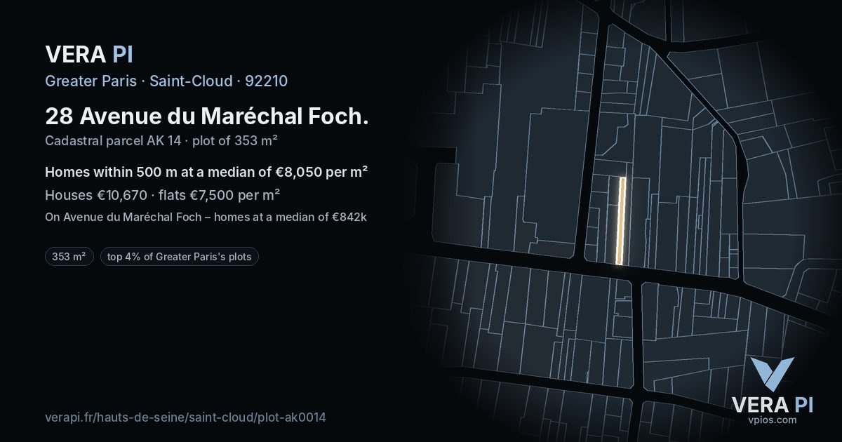 28 Avenue du Maréchal Foch, Saint-Cloud at night – the plot lit, the parcels around coloured by the prices near them