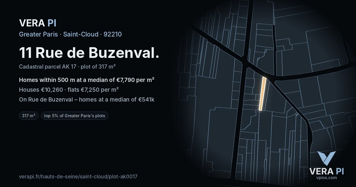 11 Rue de Buzenval, Saint-Cloud at night – the plot lit, the parcels around coloured by the prices near them