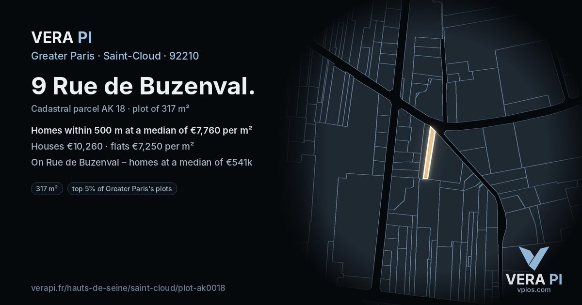9 Rue de Buzenval, Saint-Cloud at night – the plot lit, the parcels around coloured by the prices near them