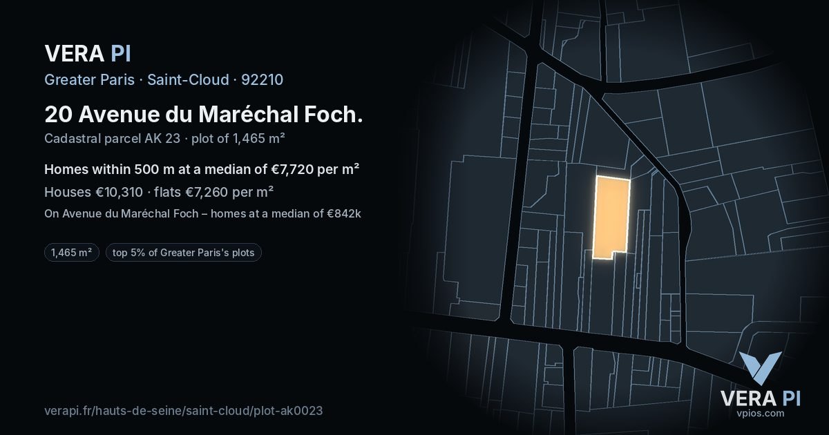 20 Avenue du Maréchal Foch, Saint-Cloud at night – the plot lit, the parcels around coloured by the prices near them