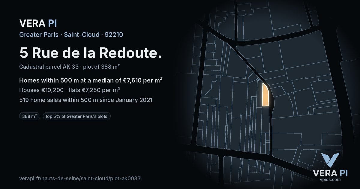5 Rue de la Redoute, Saint-Cloud at night – the plot lit, the parcels around coloured by the prices near them