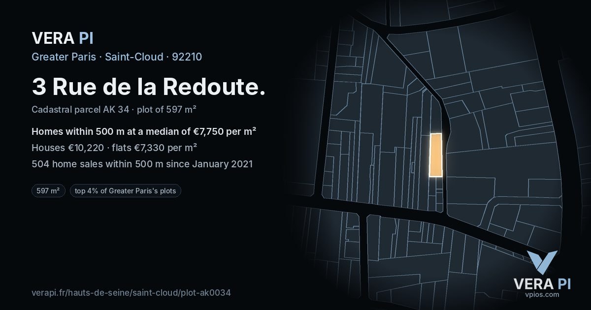 3 Rue de la Redoute, Saint-Cloud at night – the plot lit, the parcels around coloured by the prices near them