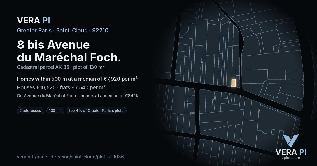 8 bis Avenue du Maréchal Foch, Saint-Cloud at night – the plot lit, the parcels around coloured by the prices near them