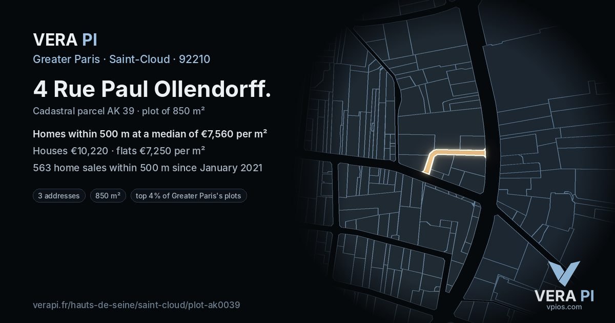 4 Rue Paul Ollendorff, Saint-Cloud at night – the plot lit, the parcels around coloured by the prices near them