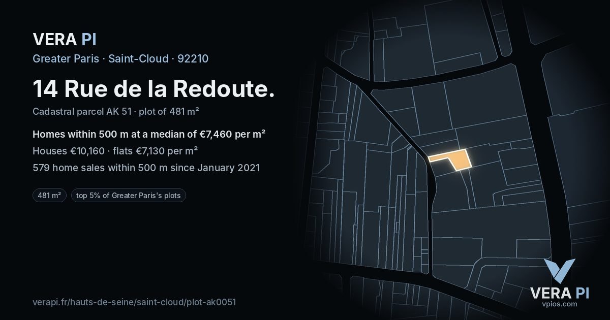 14 Rue de la Redoute, Saint-Cloud at night – the plot lit, the parcels around coloured by the prices near them